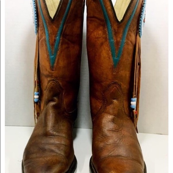 Tan Texas Cowgirl Boots with beads and fringe - Picture 4 of 6